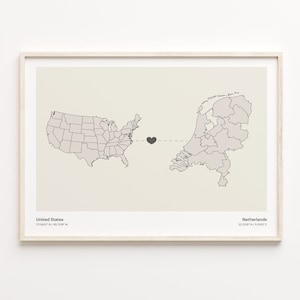 Impression des États-Unis aux Pays-Bas, cadeau néerlandais, affiche de carte minimaliste de connexion de pays, art mural des États-Unis, amour lointain, C21-130
