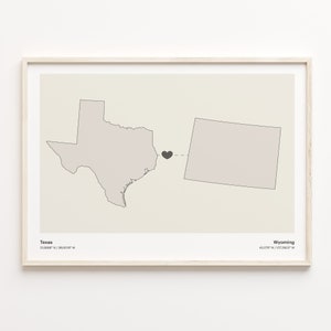 Texas to Wyoming Print, Wyomingite Gift, Minimalistic State Connection Map Poster, Travel Wall Art, Moving Away Gift, C21-1298