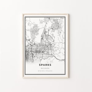 Sparks Print, City Map Art Poster, Nevada NV USA, Wall Art Decor, Moderne Zwart-Wit Stijl, Cadeau voor zoon, C13-241