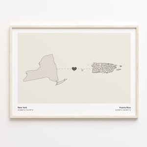 New York to Puerto Rico Druck, puertoricanisches Geschenk, minimalistische Zustand Verbindung Karte Poster, Reise Wandkunst, Fern, C21-1390