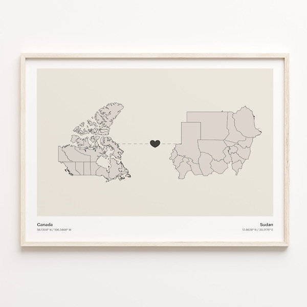Canada to Sudan Print, Sri Lankan Gift, Minimalistic Country Connection Map Poster, Travel Wall Art, Live Abroad Map, C21-768