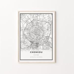 Impressão de Chengdu, pôster de arte de mapa da cidade, China, decoração de arte de parede, estilo moderno preto e branco, presente de sala de estar, C13-651