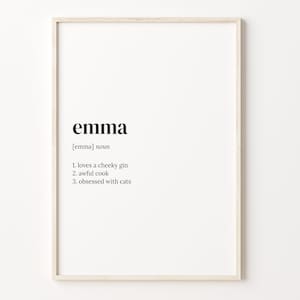 May include: A printable definition of the name "emma" with three characteristics: loves a cheeky gin, awful cook, and obsessed with cats.