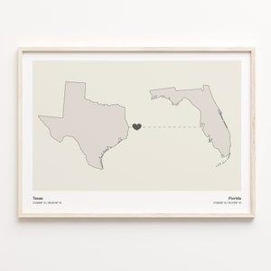 Texas naar Florida Print, Florida Gift, Minimalistische State Connection Map Poster, Travel Wall Art, Studeren in het buitenland Gift, C21-1256