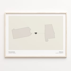 Pennsylvania naar Alabama print, Alabamian gift, minimalistische State Connection kaart poster, kunst aan de muur reizen, thuis in het buitenland kaart, C21-1404