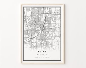 Flint Print, City Map Art Poster, Michigan MI USA, Wall Art Decor, Modern Black and White Style, Gift Ideas For Women, C13-259