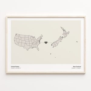 USA - Neuseeland Druck, Neuseeländer Geschenk, Minimalistische Landkarte Poster, USA Wandkunst, Fernweh Liebe Karte, C21-132