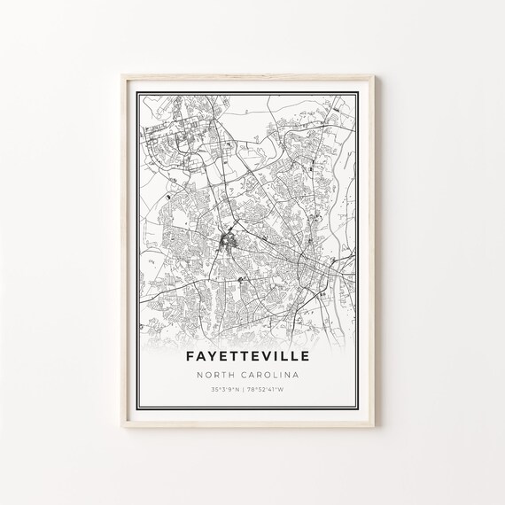 Fayetteville NC Map Art Print: Modern Black and White City Poster