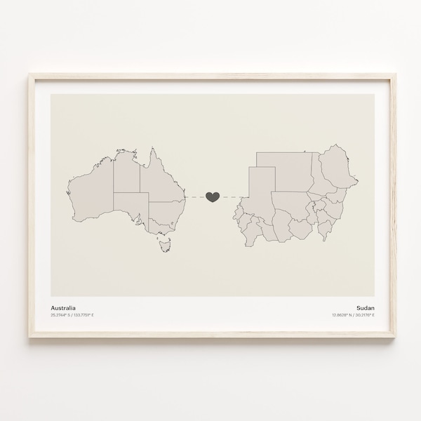 Australia to Sudan Print, Sri Lankan Gift, Minimalistic Country Connection Map Poster, Travel Wall Art, Gap Year, C21-967