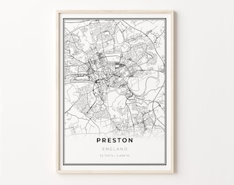 Preston England Map Art Print: Modern Black and White Cityscape