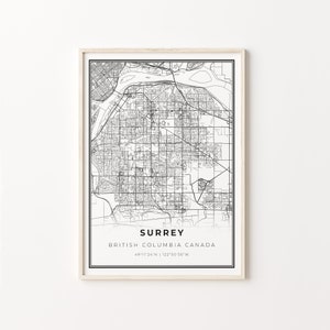 Surrey Print, City Map Art Poster, British Columbia BC Canada, Wall Art Decor, Modern Black and White Style, Gifr For A Boss, C13-482