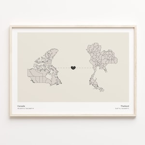 Kanada-Thailand-Druck, tansanisches Geschenk, minimalistisches Landverbindungskarten-Poster, Reise-Wandkunst, digitales Nomadengeschenk, C21-776