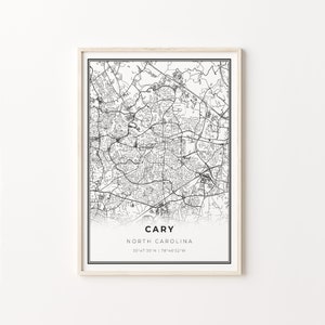Cary Print, City Map Art Poster, North Carolina NC USA, Wall Art Decor, Modern Black and White Style, Gift For Her, C13-182