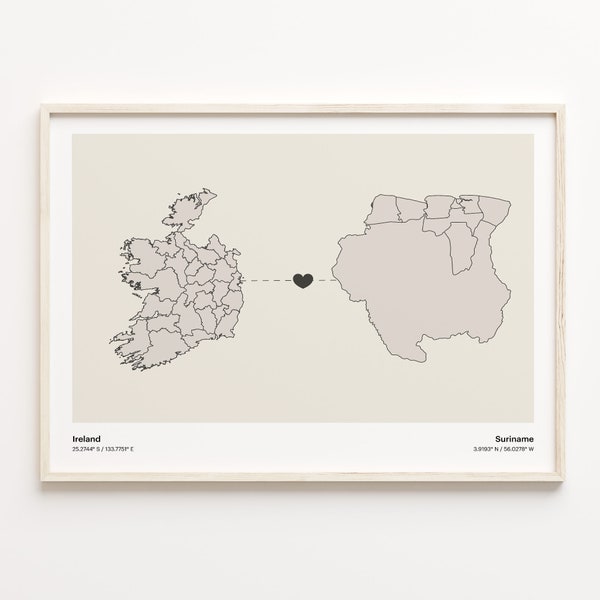 Ireland to Suriname Print, Sudanese Gift, Minimalistic Country Connection Map Poster, Travel Wall Art, Gap Year Map, C21-1167
