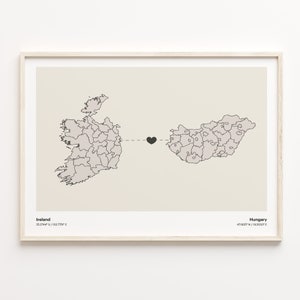Irland-Ungarn-Druck, ungarisches Geschenk, minimalistisches Landverbindungskarten-Poster, Reise-Wandkunst, kulturelle Wurzeln, C21-1075