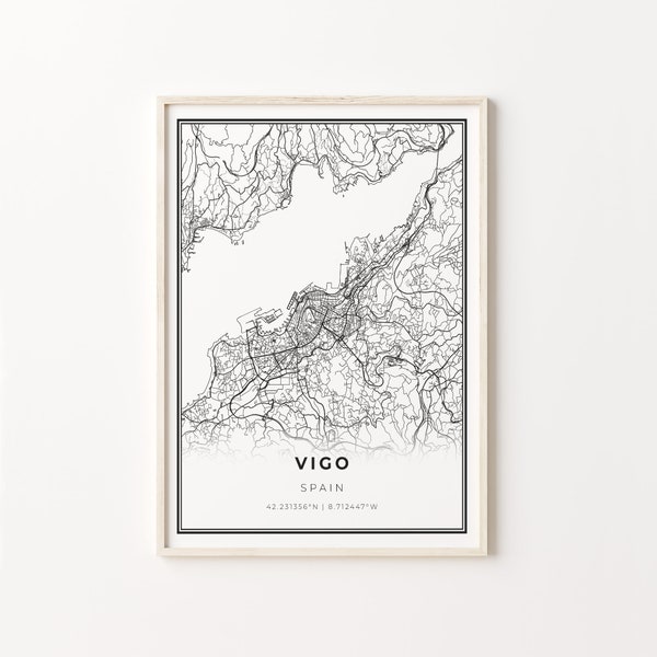 Vigo Print, Stadt Karte Kunst Poster, Spanien, Wand Kunst Dekor, moderne schwarz weiß Stil, Geschenk für Mann, C13-563