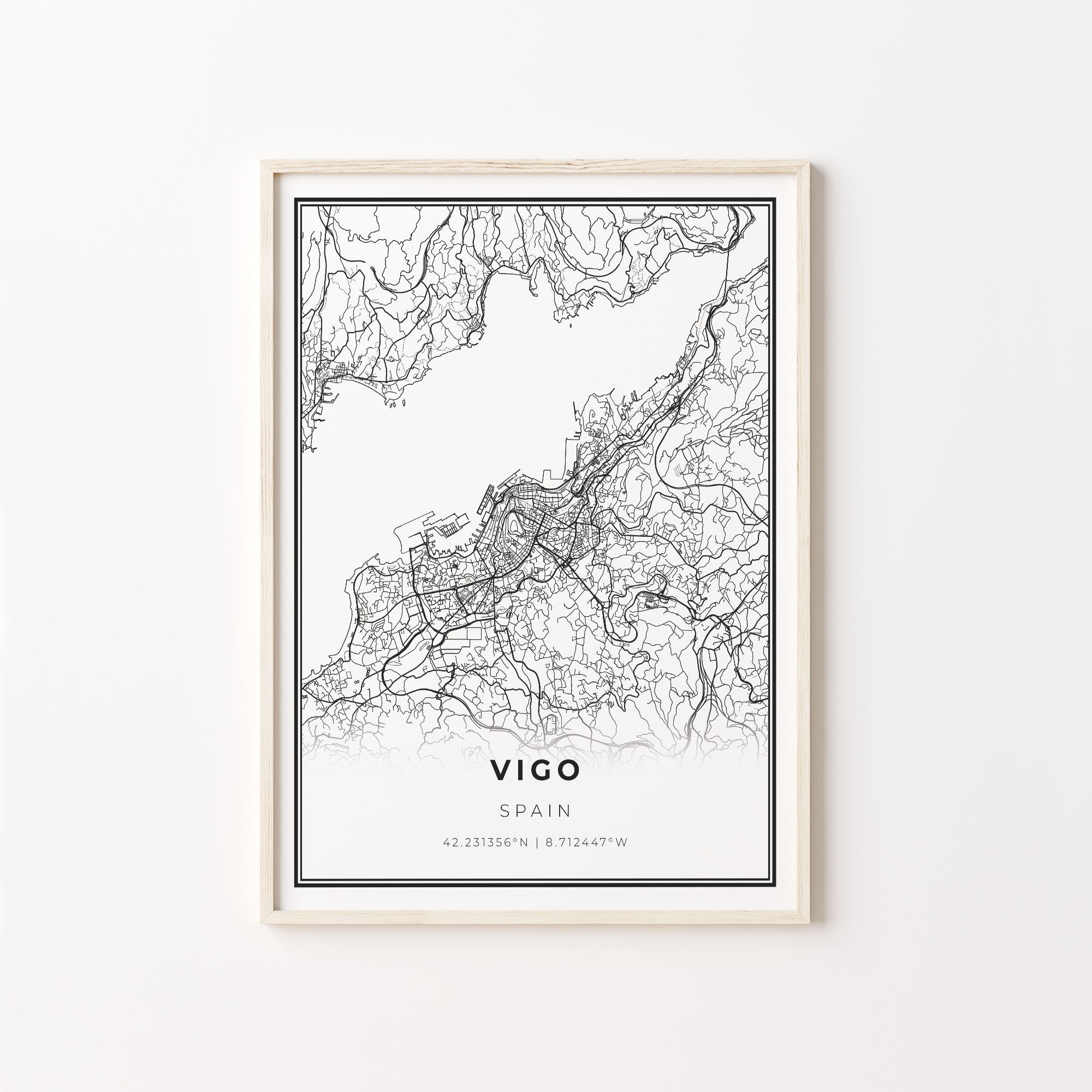 Vigo Spain Map Print: Modern Black and White Wall Art