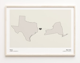 Texas to New York State Connection Map Print: Minimalist Travel Wall Art