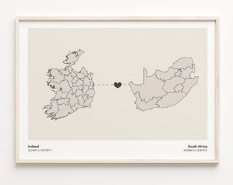 Impresión de Irlanda a Sudáfrica, regalo somalí, cartel minimalista del mapa de conexión del país, arte de la pared de viaje, vivir en el extranjero, C21-1162