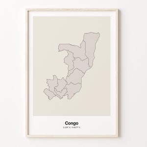 Impresión del Congo, Regalo congoleño, Póster minimalista del mapa del país, Arte lineal CG, Arte de tonos naturales, C24-41