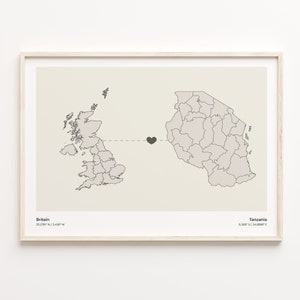 Britain to Tansania Print, Tansanisches Geschenk, Minimalistisches Landkarte Poster, Vereinigtes Königreich Kunst, Volunteer Karte, C21-378