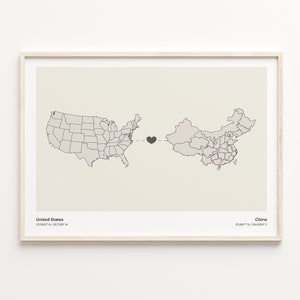 Impression des États-Unis vers la Chine, cadeau chinois, affiche minimaliste de carte de connexion de pays, art mural des États-Unis, cadeau éloigné, C21-38
