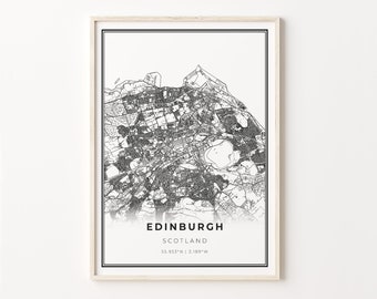 Edinburgh City Map Print: Modern Black and White Scotland Wall Art