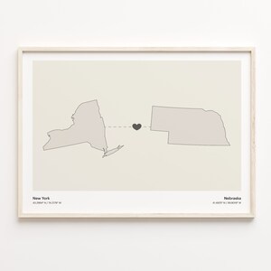 New York to Nebraska Print, Nebraska Geschenk, Minimalistische Verbindung Map Poster, Reise Wandkunst, Continental Love Map, C21-1380