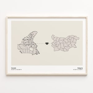Kanada nach Bulgarien Druck, bulgarisches Geschenk, minimalistisches Landverbindungskarten-Poster, Reise-Wandkunst, Länder-Herzkarte, C21-624