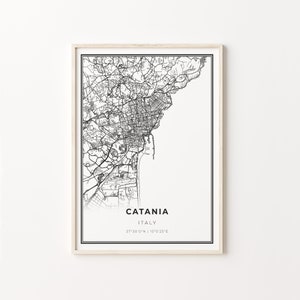 Impresión de Catania, cartel de arte del mapa de la ciudad, Italia Italia, decoración de arte de la pared, estilo moderno en blanco y negro, decoración escandinava, C13-589