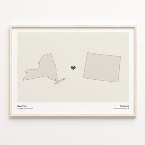 New York to Wyoming Print, Wyomingite Gift, Minimalistic State Connection Map Poster, Travel Wall Art, Home Abroad, C21-1402