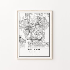Bellevue Print, City Map Art Poster, Washington WA USA, Wall Art Decor, Modern Black and White Style, Gift Colleague, C13-172