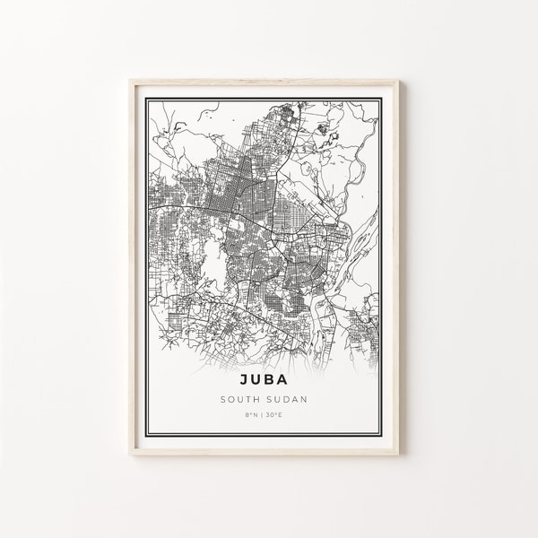 Juba Print, City Map Art Poster, Zuid-Soedan, Wall Art Decor, Moderne Zwart-Wit Stijl, Hometown Poster, C13-890