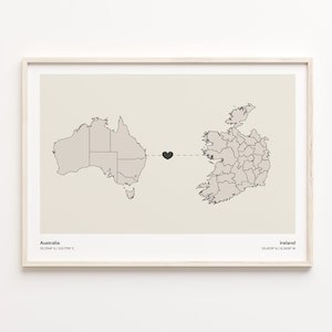 Australia to Ireland Print, Iraqi Gift, Minimalistic Country Connection Map Poster, Travel Wall Art, Welcome Home Gift, C21-881
