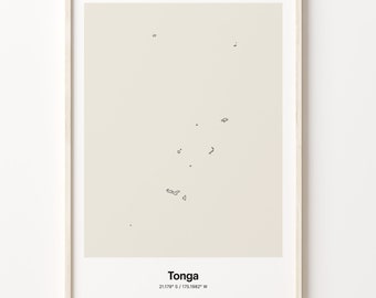 Tonga Print, Tongan Gift, Minimalistic Country Map Poster, TO Line Art, Latitude longitude, C24-182