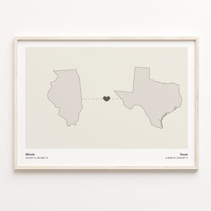 Impresión de Illinois a Texas, regalo de Texas, cartel de mapa de conexión estatal minimalista, arte de pared de viaje, regalo de mudanza al extranjero, C21-1499