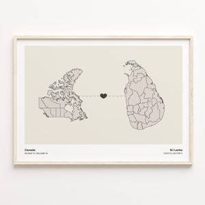 Kanada nach Sri Lanka Druck, spanisches Geschenk, minimalistisches Landverbindungskarten-Poster, Reise-Wandkunst, Geschenk zum Leben im Ausland, C21-767
