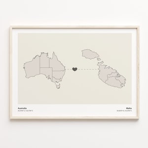Australia to Malta Print, Malian Gift, Minimalistic Country Connection Map Poster, Travel Wall Art, Expatriate, C21-910