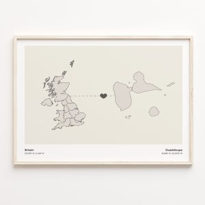 Britain to Guadeloupe Print, Guadeloupean Gift, Minimalistic Country Connection Map Poster, United Kingdom Art, Goodbye Map, C21-270