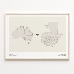 Impresión de Australia a Guatemala, regalo guameño, cartel minimalista del mapa de conexión del país, arte de la pared de viaje, año sabático, C21-868