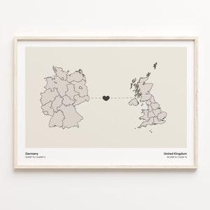 Germany to United Kingdom Print, Emirati Gift, Minimalistic Country Connection Map Poster, Travel Wall Art, Continental Love, C21-587