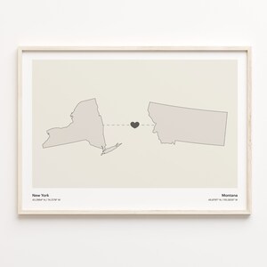 New York to Montana Print, Montanan Geschenk, Minimalistische Verbindungskarte Poster, Reise Wandkunst, Willkommen Zuhause Karte, C21-1377