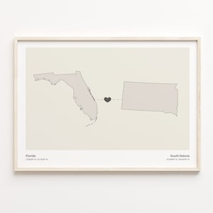 Florida naar South Dakota Print, South Dakotan Gift, Minimalistische State Connection Map Poster, Travel Wall Art, Emigratiekaart, C21-1341