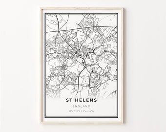 St Helens Print, City Map Art Poster, England UK, Wall Art Decor, Modern Black and White Style, Hometown Poster, C13-605