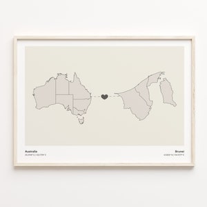 Impresión de Australia a Brunei, regalo brasileño, cartel minimalista del mapa de conexión del país, arte de la pared de viaje, regalo del corazón de los países, C21-821