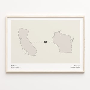California to Wisconsin Print, Wisconsinite Geschenk, Minimalistische State Verbindung Karte Poster, Reise Wandkunst, Freundschaft Geschenk, C21-1244