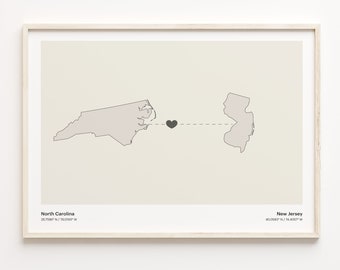 North Carolina New Jersey Connection Map Print: Minimalist Travel Wall Art