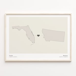 Florida naar Montana Print, Montanan Gift, Minimalistische State Connection Map Poster, Travel Wall Art, Far Apart Gift, C21-1325