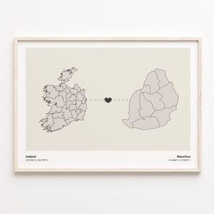 Ireland to Mauritius Print, Mauritanian Gift, Minimalistic Country Connection Map Poster, Travel Wall Art, Global Love Gift, C21-1112