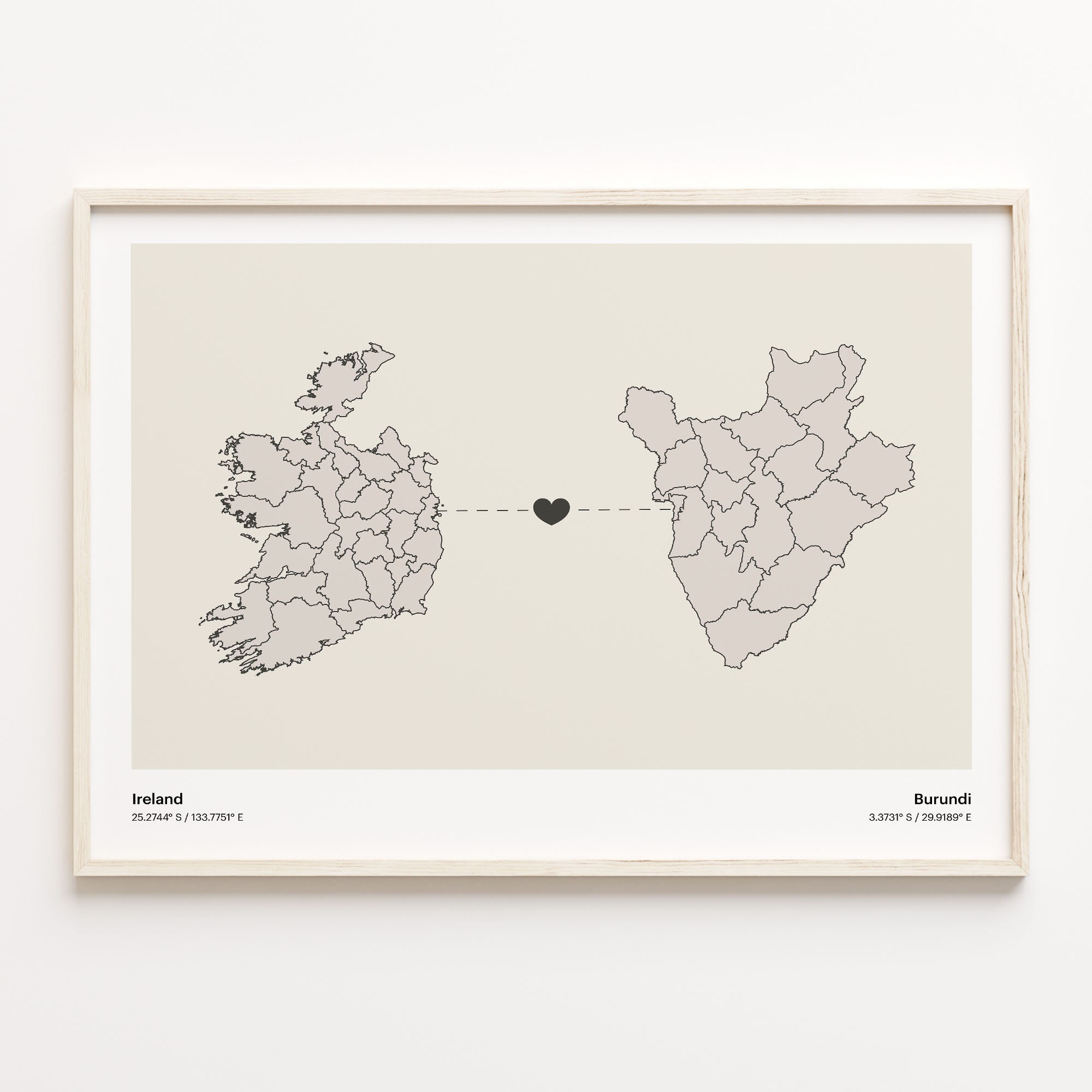 Ireland to Burundi Print, Burundian Gift, Minimalistic Country Connection Map Poster, Travel Wall Art, Overseas Love, C21-1024